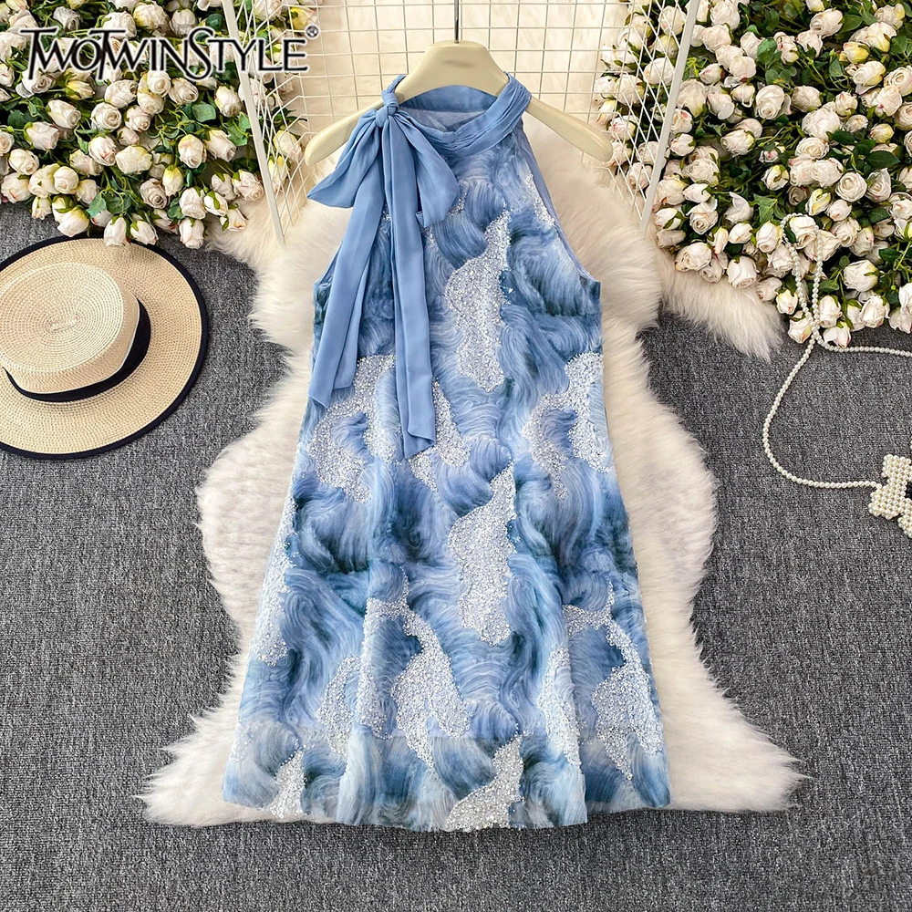 

TWOTWINSTYLE Loose Tie Dye Casual Dresses For Women Round Neck Sleeveless Spliced Folds Elegant Dress Female Style New KDR543900