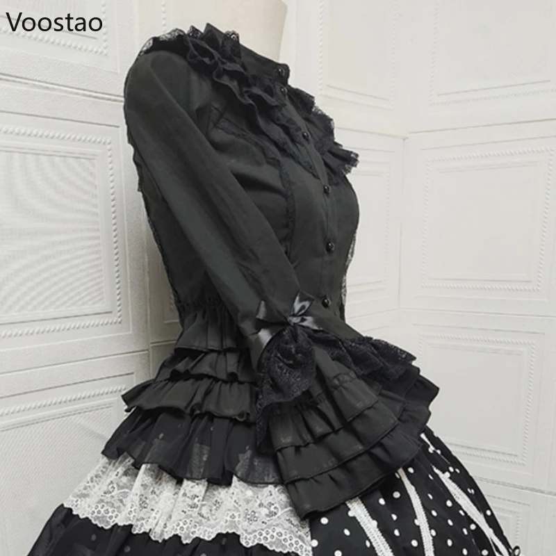 Japanese Gothic Lolita Style Shirts Women Vintage Elegant Long Sleeves Bow Blouse Female Victorian Lace Ruffles Collar Slim Tops