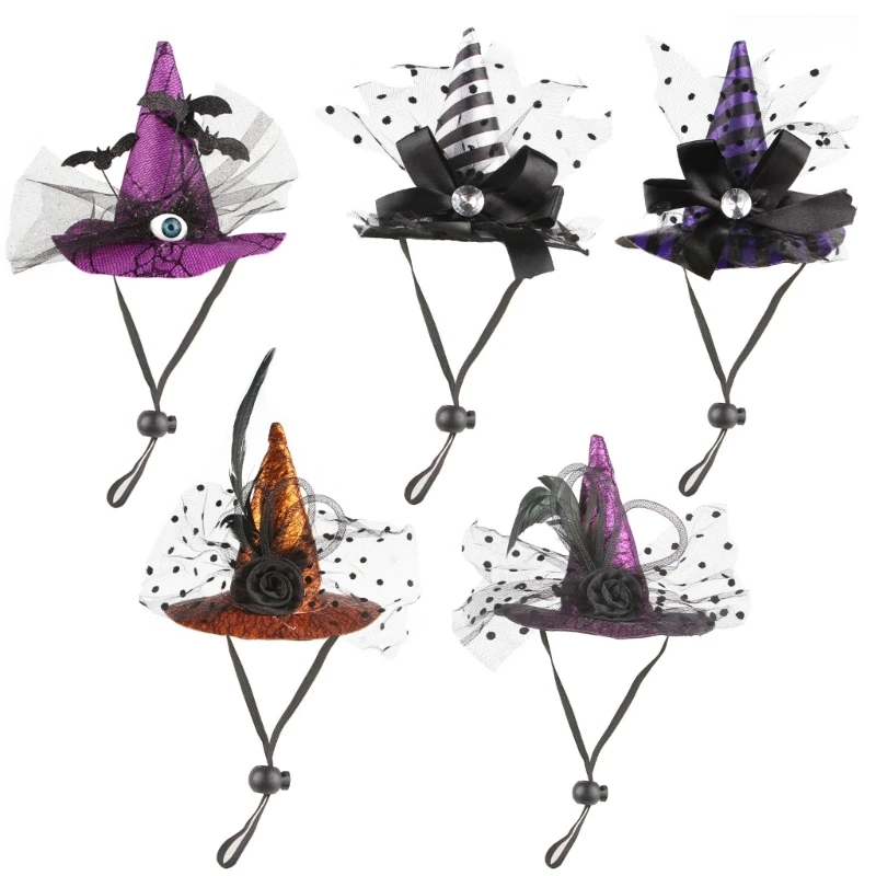 Pet Witch Hat Halloween Carnivals Photography Dogs Witch Hat with Stretch Chin Rope Parties Cosplay Hat for Small Dogs