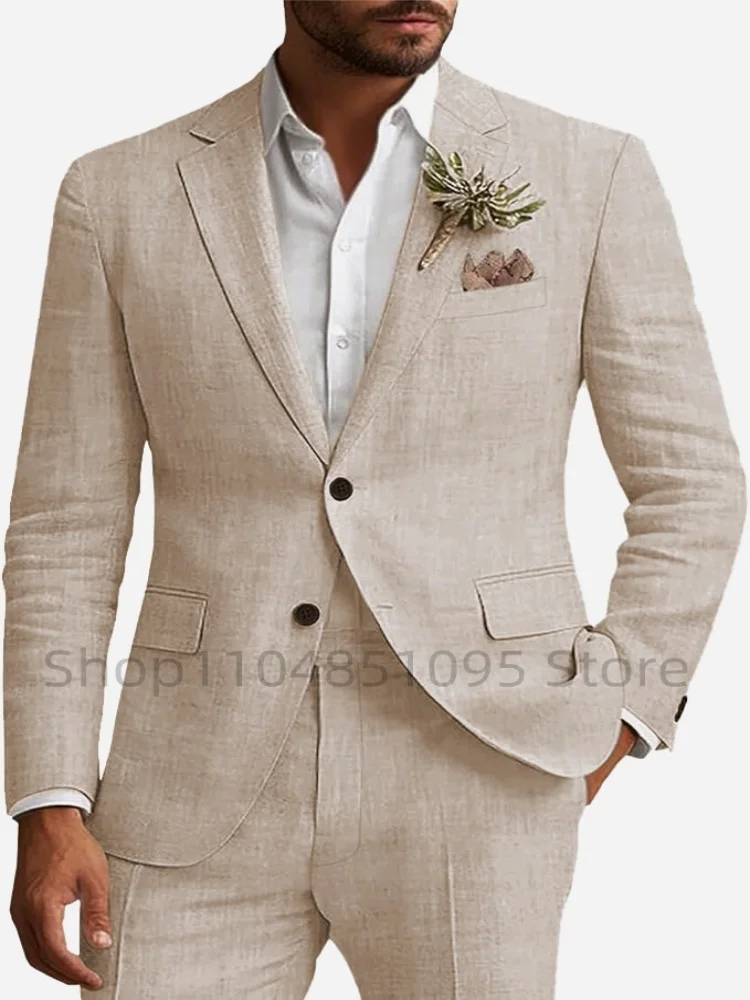 2 Piece Men's Linen Groom Suits Beach Wedding Suit Summer Slim Fit Notch Lapel Jacket Casual Tuxedos For Wedding(Blazer+Pants)