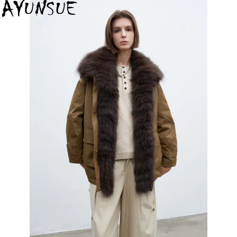 AYUNSUE Real Fox Fur Collar Winter Jacket Women Warm 80g White Goose Down Coat Woman Clothing Fashion Parka Jaqueta Feminina