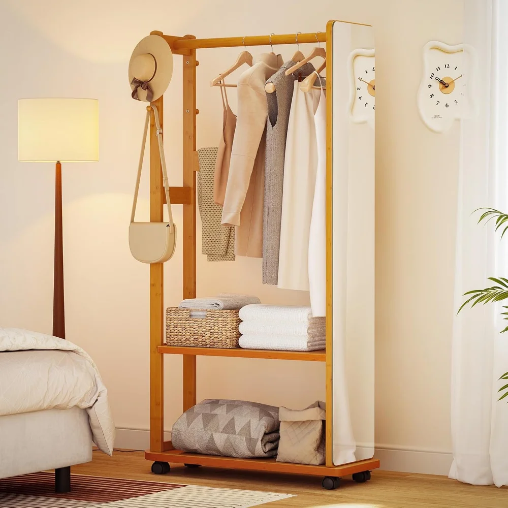 

Coat Rack with Full Length Mirror, Bamboo Long Mirror with Storage, Body Mirrorfor Bedroom/Living Room/Entryway