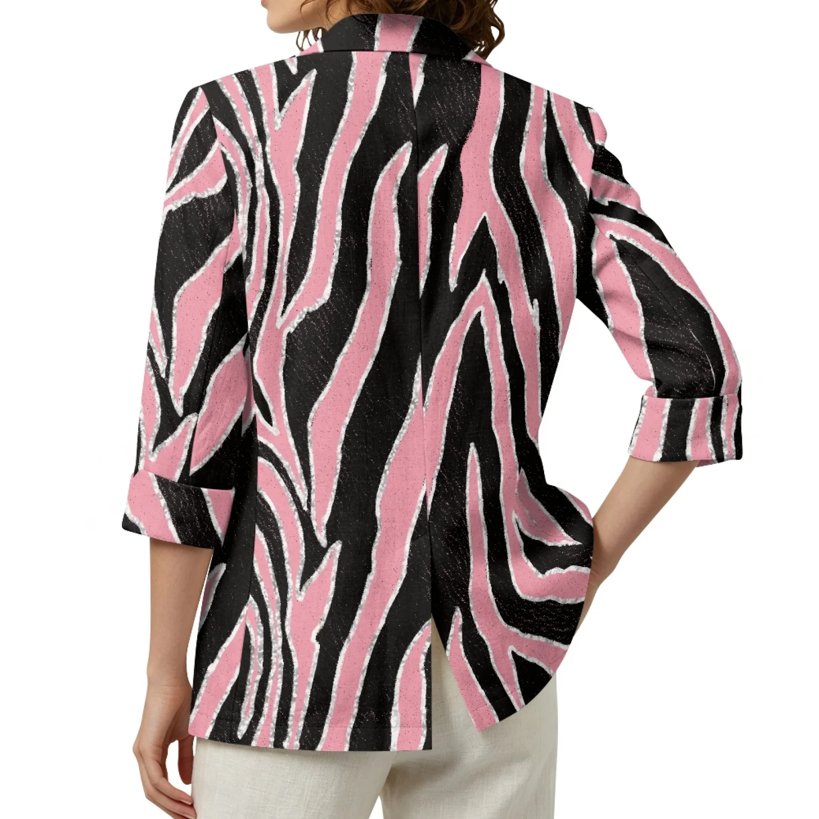 PENSTROLL Pink Zebra Print Linen Like Beach Cover Up Open Front Tops for Female Loose Fit Fall Outerwear