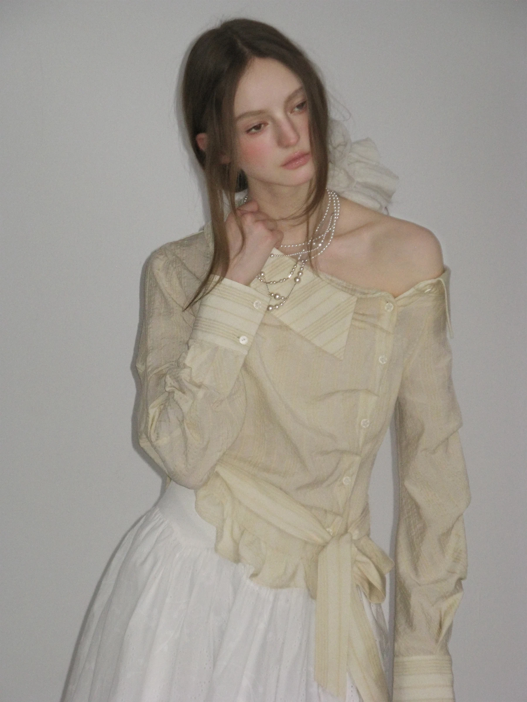 

Original Korean Sle Yellow Striped Linen Cotton Feel irt Asymmetrical oulder Design Breathable Skin-Friendly Wom...