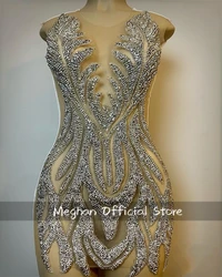 Silver O Neck Short Prom Dresses Black Girl Bead Crystal Rhinestone 2024 Birthday Luxury Dress Party Gown Homecoming Customized