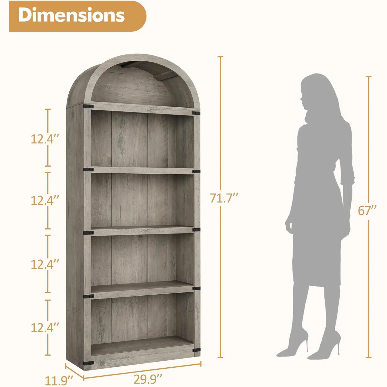 Gewölbtes Bücherregal mit 5 Regalen, 71,65 Zoll hohes Bücherregal, Bauernhaus-Display, Lagerregal, Bücherregale aus Holz für Zuhause, Büro, Wohnzimmer – Detail 4