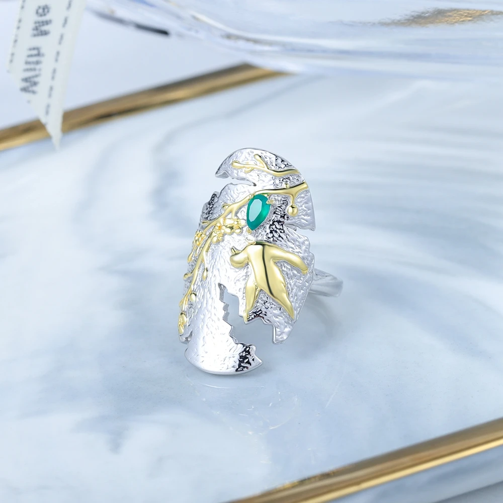 GEM\'S BEAUTY 100% Real 925 Sterling Silver Open Ring Natural Stone Handmade Design Fine Jewelry Bird On Branch Rings For Women