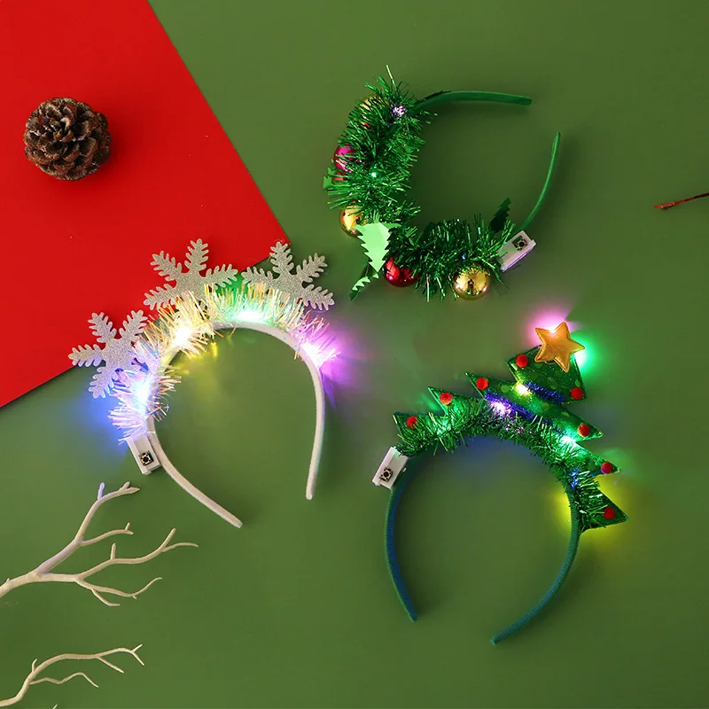 Merry Christmas LED Lights Headband with Snowflake Xmas Tree Hair Band Christmas Decorations for Home Girls Women New Year Gifts