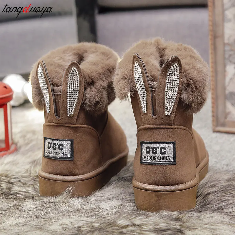 Women Boots Fox Fur Brand Winter Shoes Warm Snow Boots Black Round Toe Casual Female Slip-on Woolen Boot Sweet Flock flats