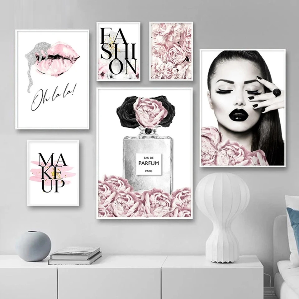 DIY 2023 New Diamond Painting Pink Flower Perfume Fashion Lady Embroidery Sliver Lips Makeup Picture Modern Girl Room Home Decor