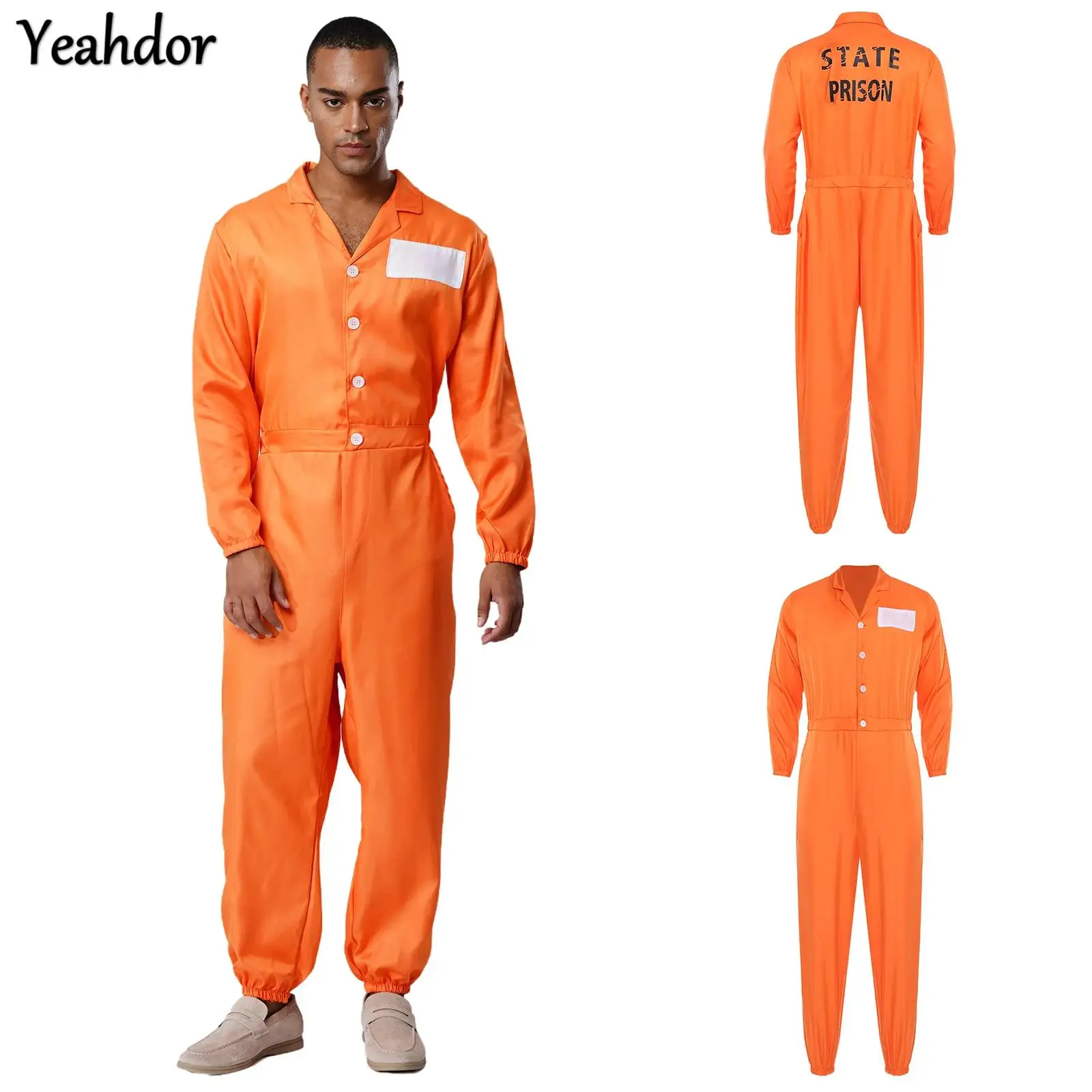 

Adult Inmate Costume Orange Prisoner Jumpsuit Lapel Long Sleeve One Piece Jail Unitard Men Halloween Cosplay Jailbird Outfits
