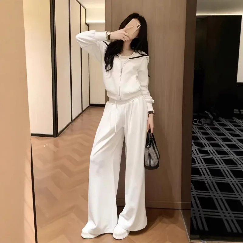 Korean Style Very Good-looking Wear A Complete Set of Early Spring 2026 New White Sweater Top Women's Wide-leg Pants Casual Suit