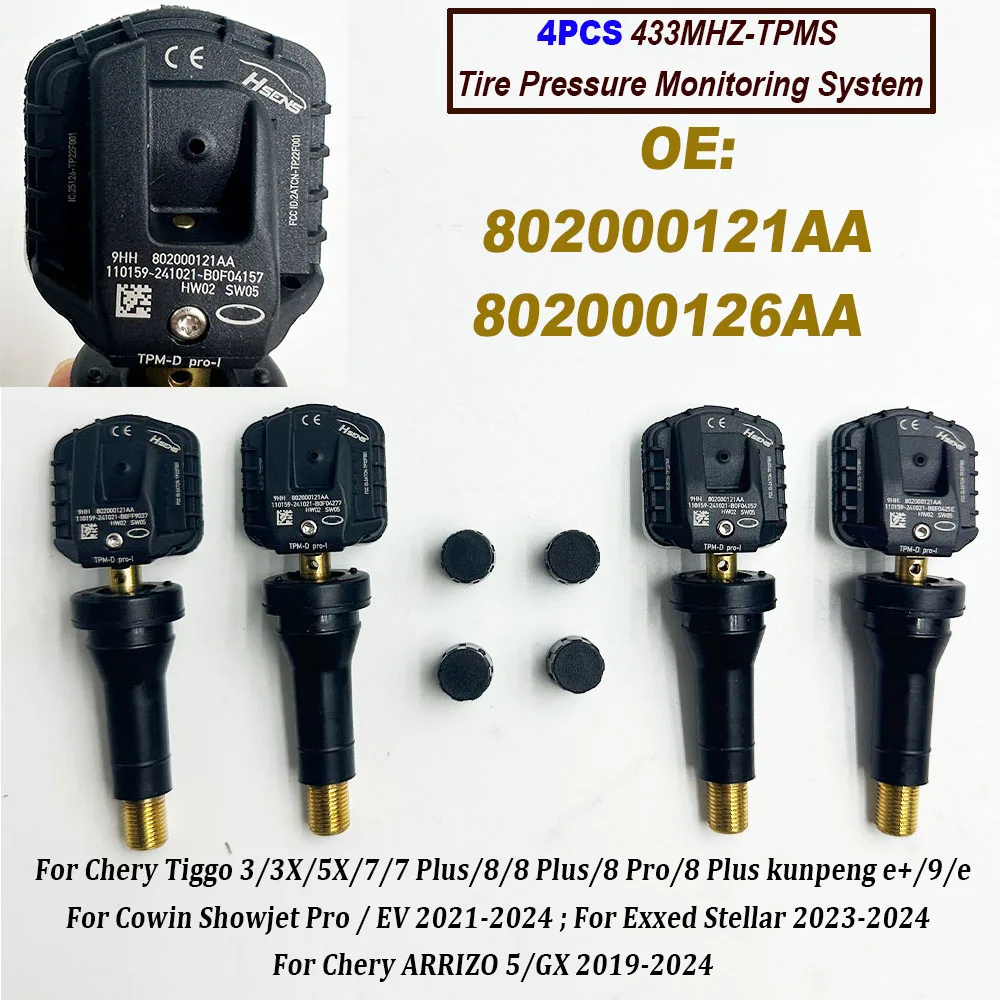 

4PCS High Quality 802000121AA 802000126AA Tire Pressure Sensor 433MHz TPMS For Chery Tiggo 5X / 7 / 8 / ARRIZO 5 2019-2024