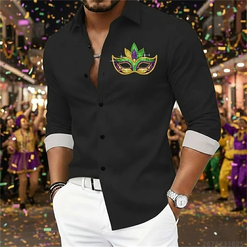 Carnival Mask Print Long-Sleeve Shirt for Men, Black Casual Turn-Down Collar and Color-Blocked Party Style Versatile Top