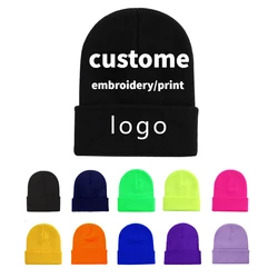 Fluorescent Pullover Light Board Knitted Beanie Hat Solid Color Cold Hat Customized Embroidery Logo Warm Ski Hat