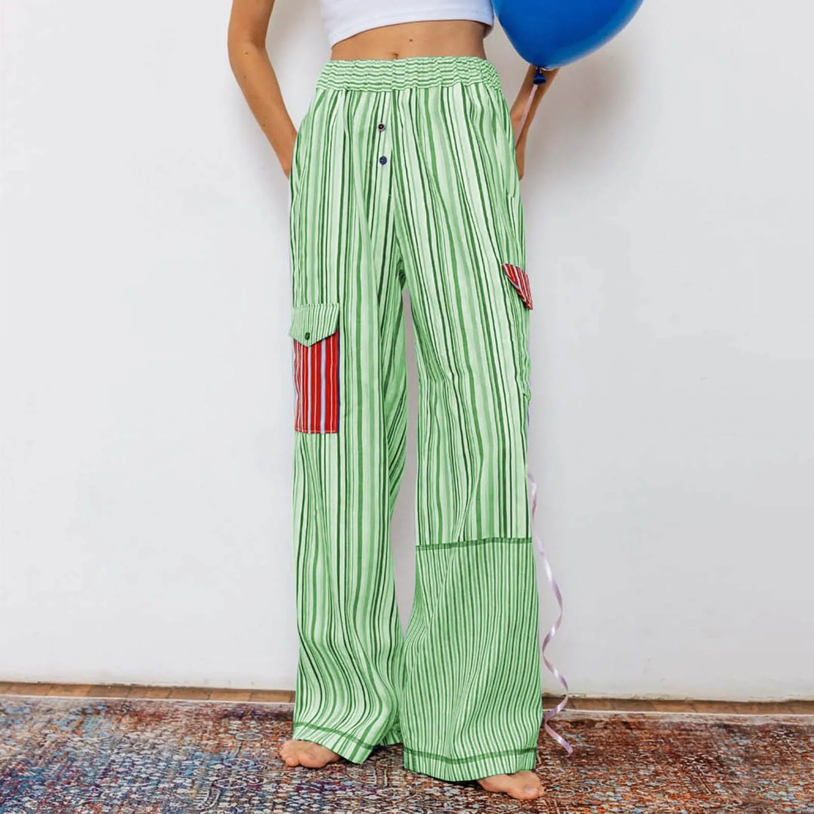 Frauen gestreifte Hose mit Taschen elastische Taille lässige Cargo hose weibliche lose Hose mit weitem Bein Streetwear Frühling Herbst Kleidung