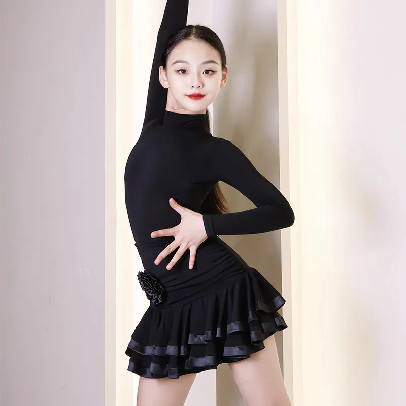 2025 novo vestido de dança latina trajes desempenho alta pescoço topos saia dividir terno chacha dança prática roupas treinamento dql12035