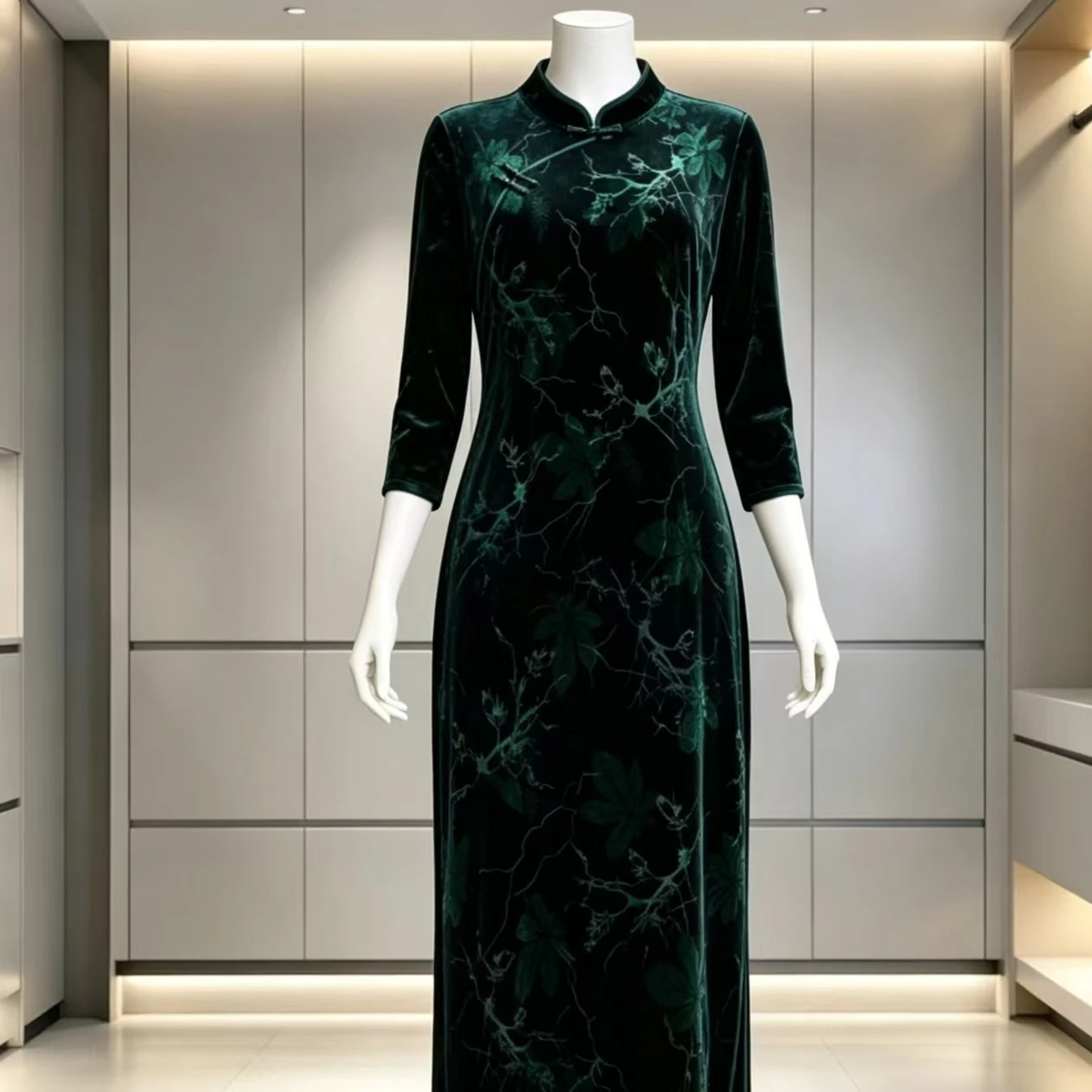 Spring and Autumn Elegant Gentle Cheongsam Women's Plus Size Qipao Chinese Style velvet Flower Long Sleeve Dress  A-Line Vestido