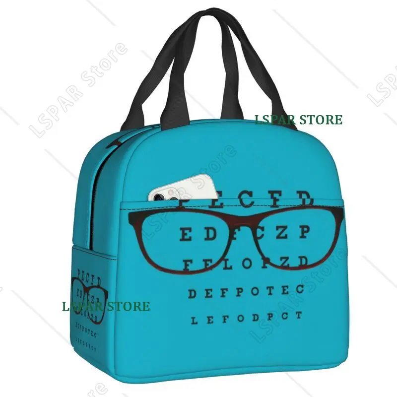 Custom Funny Glasses With Eye Test Chart Lunch Bag Women Optician Optometrist Warm Cooler Insulated Lunch Boxes for Adult Office