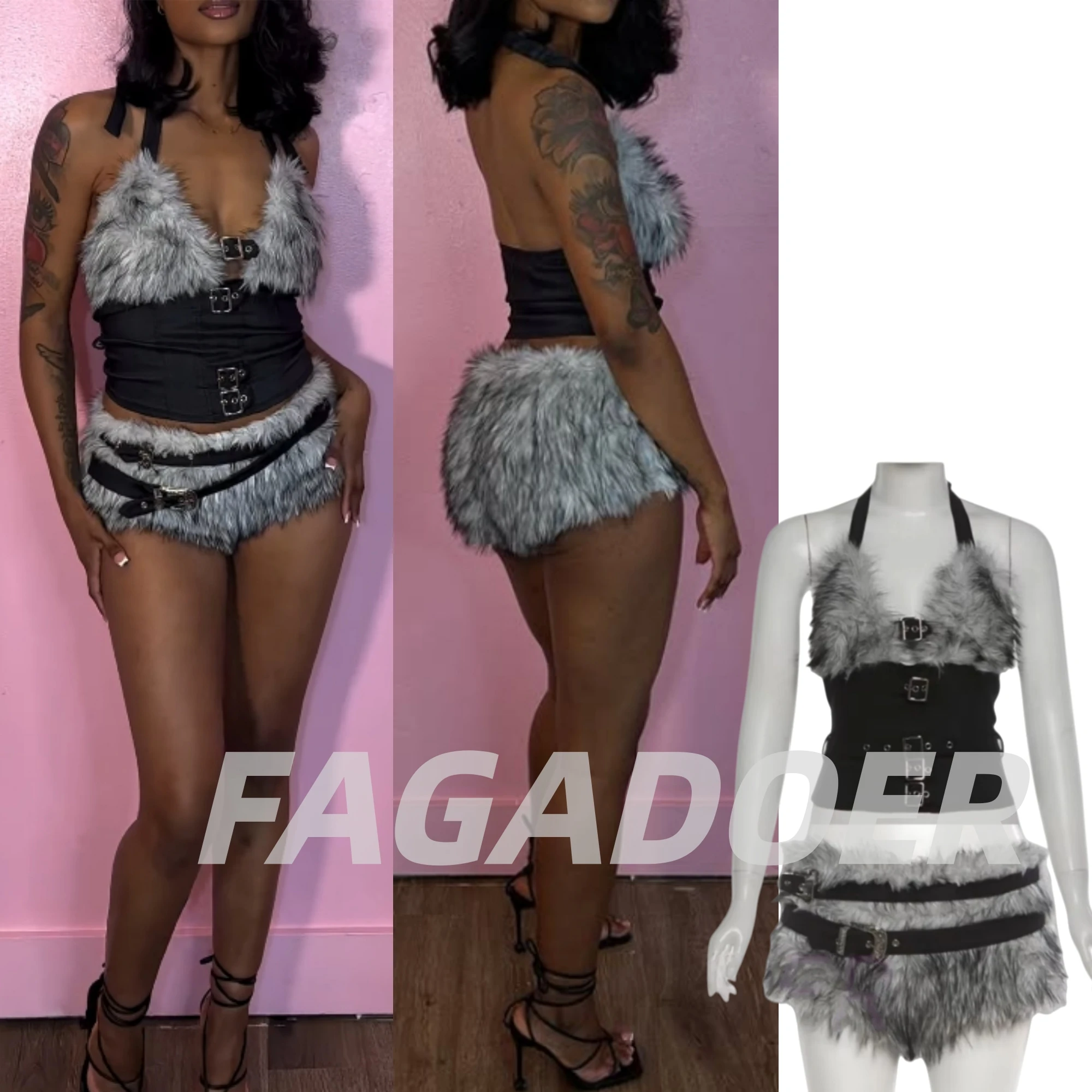 

FAGADOER Black Sexy Halter Fur Patchwork Punk Two Piece Sets Women V Neck Backless Slim Crop Top And Shorts Outfits Streetwear