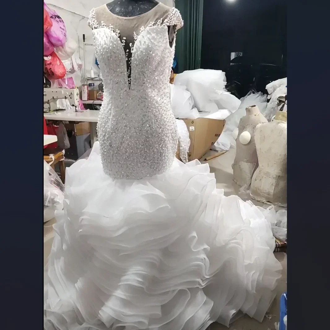Customized Full Sequins Pearls Mermaid Wedding Dresses for Bride 2024 Cap Sleeves Real Cascading Ruffles  Bridal Gowns