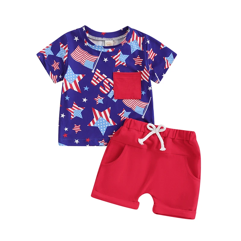 Toddler Boys Memorial Day Outfits Star Print Short Sleeves T-Shirt and Elastic Shorts for 2 Piece Vacation Clothes Set