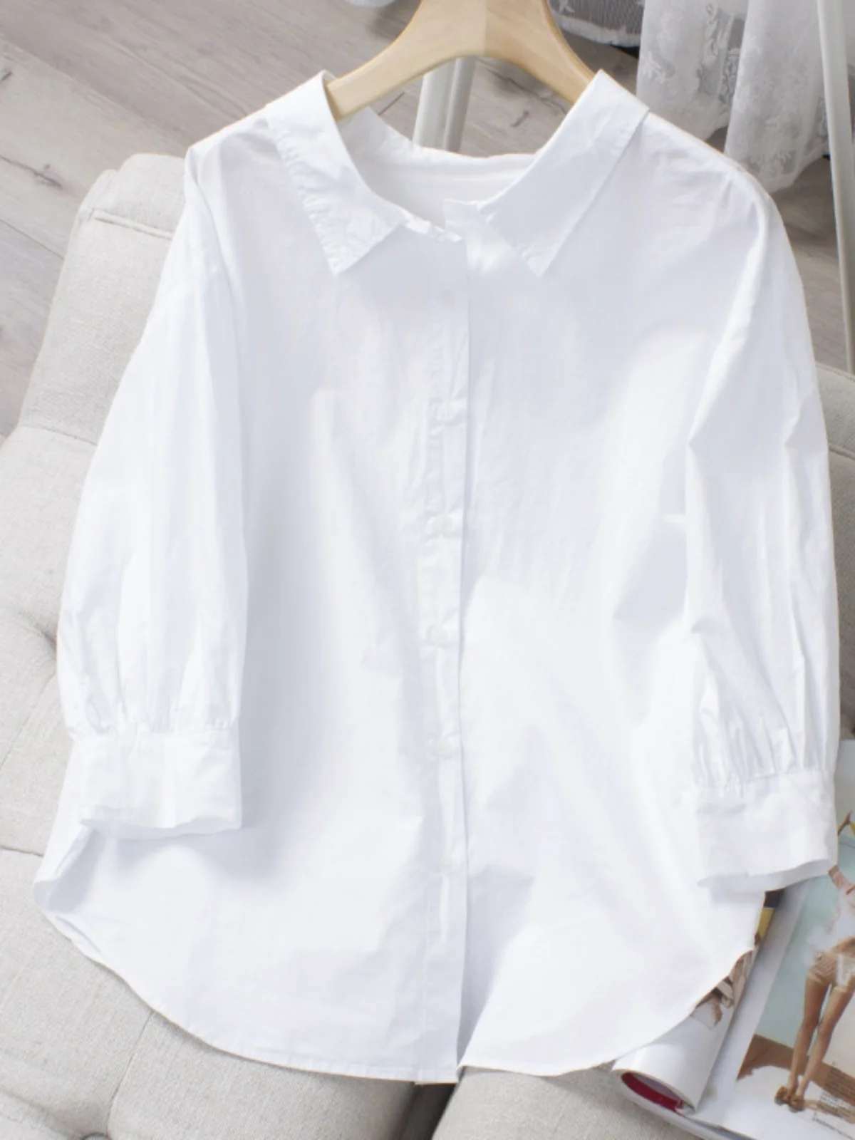 

Spring Faion Casual Women's irt Korean Sle Slimming Seven-Quarter Sve White Blouse Versatile Commute Wind Pure Color