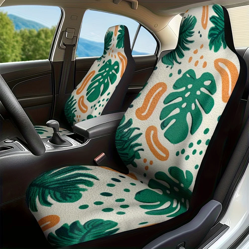 2pcs Modern Green Leafy Print Front Seat Covers - Soft, Washable, Universal Fit For Car Enthusiasts & Family Use, Durable Polyes