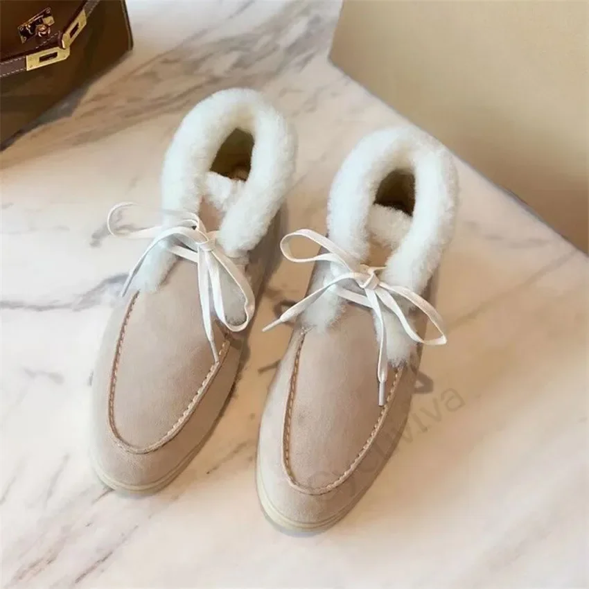 Top High quality Real Wool Snow Boots for Women Kid Suede Lace Up Fur flat Shoes Ladies Winter Warm Luxury Brand Boots