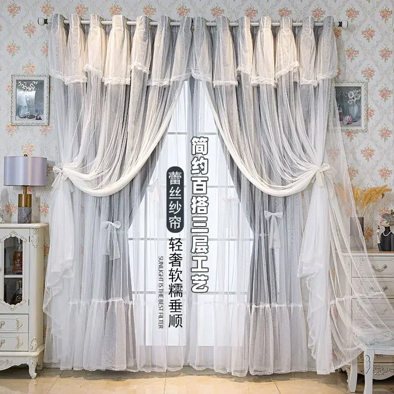 Korean Style Double Layer Curtain Lace Princess Pink Curtain for Girls Bedroom