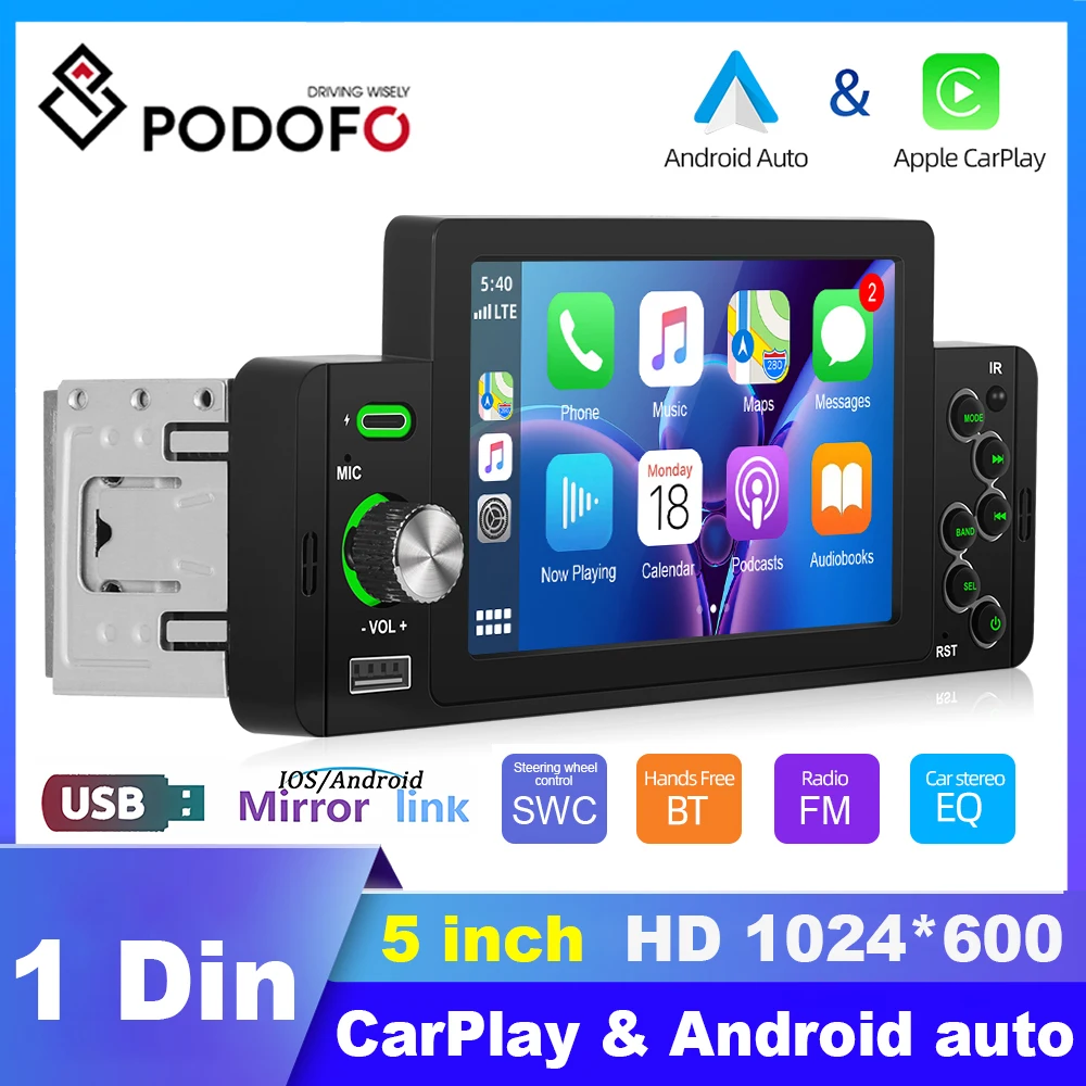 Podofo  1 Din Car Radio MP5 Player CarPlay Android Auto Multimedia Player Bluetooth Auto Stereo For Volkswagen Nissan Toyota