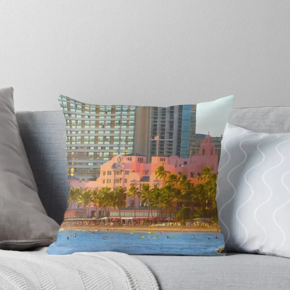 

Waikiki Scene with Royal Hawaiian Pretty in Pink Throw Pillow luxury covers pillow cover luxury pillow