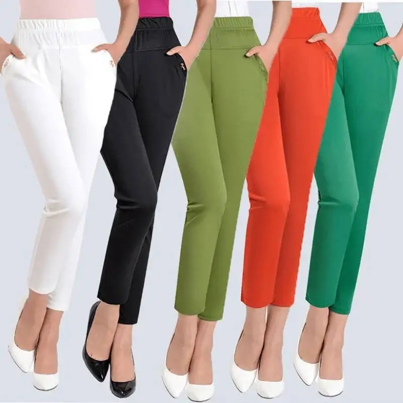 2025 Summer Pants Women Cropped Pant Casual Elastic High Waist Trousers Pockets Stretch Skinny Pant Office Female Clothes