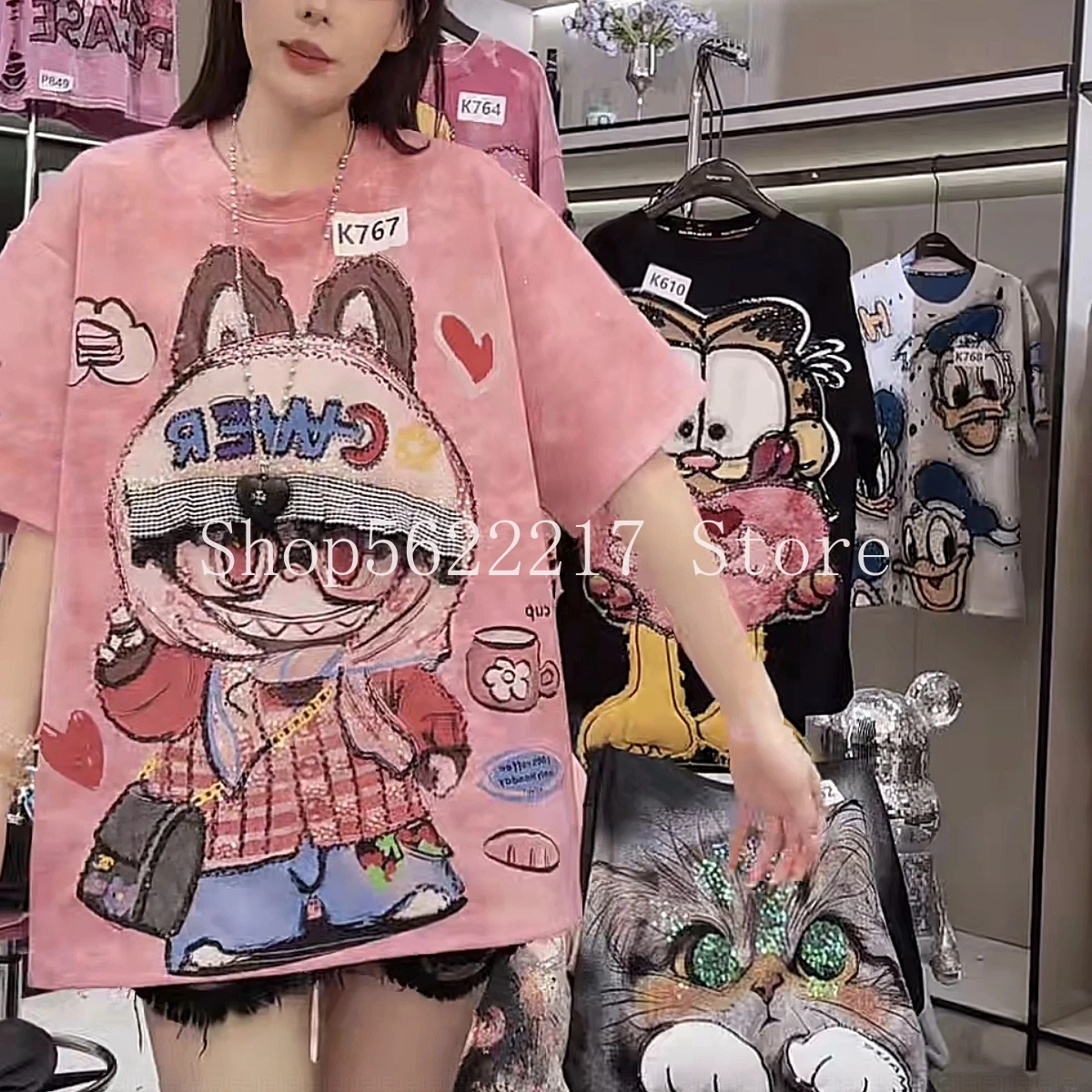 

2025 New Autumn Pink Loose Short Sleeve Tees Cute Pink Oversize Pullover Top Round Neck Sequins Cartoon Printed Cotton T-shirts