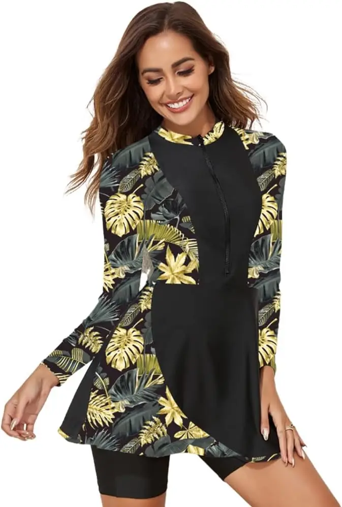 Womens Muslim Swimsuits Rash Guard Long Sleeve Swim One Pieces Pants + Wraps Skirts or + Long Sarong Bathing Suit