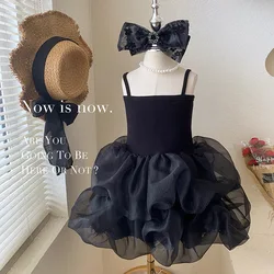 Girls' Summer Dress 2024 New Children's Black and White Princess Dress Summer Children's Yarn Dress Summer Sling Dress