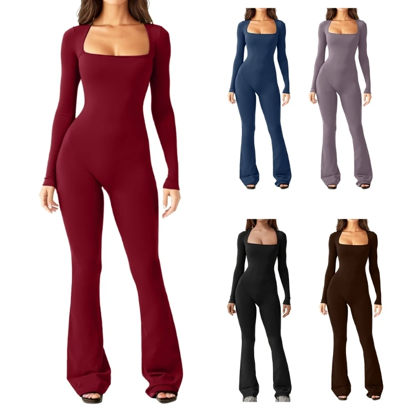 

Square Neck Romper Womens Jumpsuits Elegant Long Sleeve Overalls Playsuits Dropship