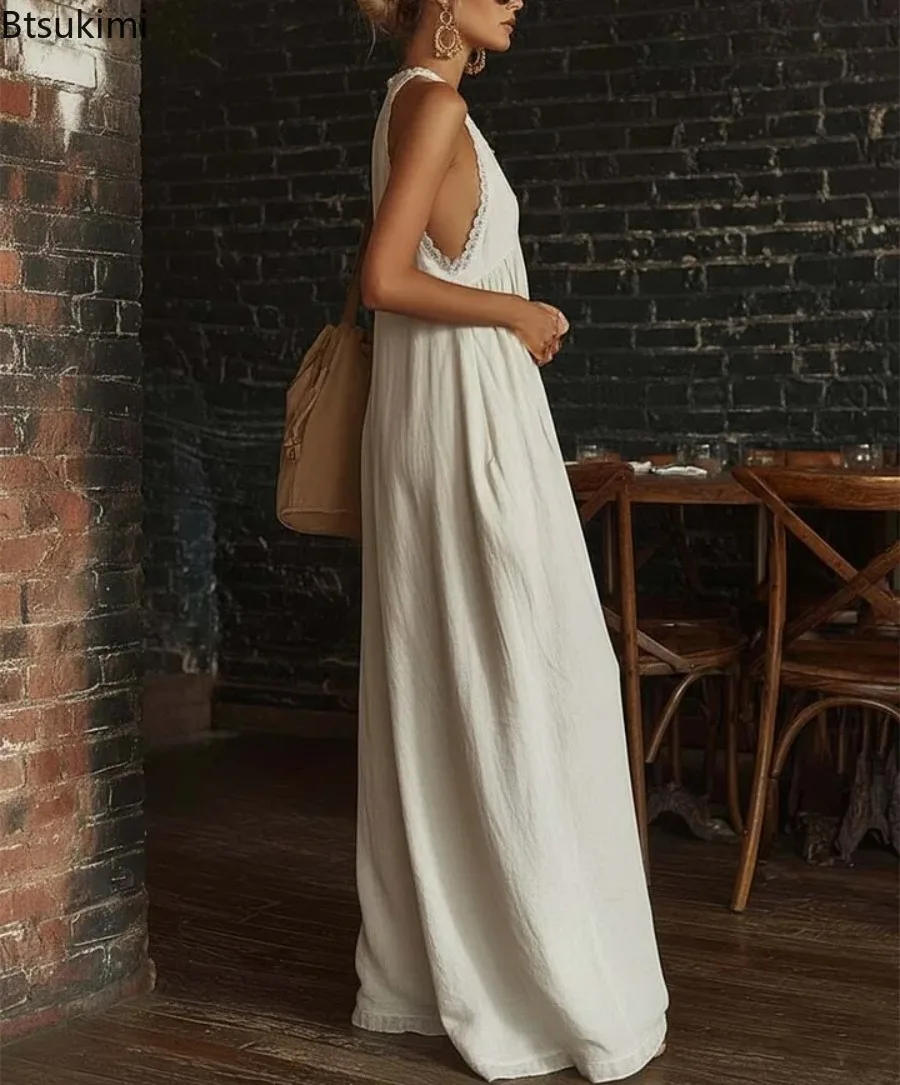 New Women Summer V Neck Sleeveless Loose Jumpsuit Boho Beach Holiday Wide Leg Romper Fashion Casual Party Jumpsuit with Pockets