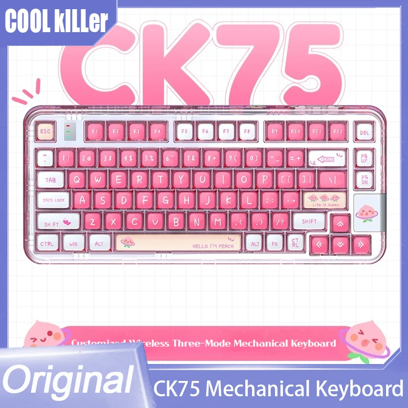 

COOLKiller Ck75 Hot-Swap Bluetooth 2.4G Wireless RGB Peach Pink Transparent Pink Gasket Gaming Mechanical Keyboard Rgb Backlight