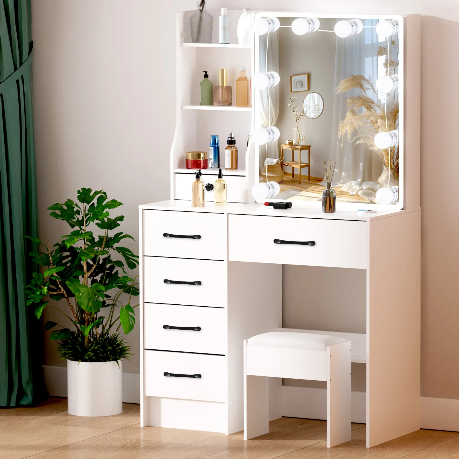 LED Lighted Mirror Vanity Table Set, White Makeup Dressing Desk with 6 Drawers Storage and Padded Stool, Bedroom Cosmetic Furniture