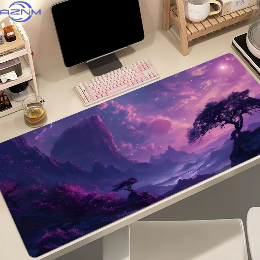 Purple Starry Mountain Fantasy Landscape Mouse Pad, Waterproof Non‑Slip Mouse Mat for Dreamy Gaming Desk