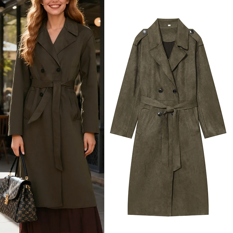 

Women's Jacket 2025 New Fashion Autumn Winter ArmyGreen Long Sleeve Belt Women Trench Coat Casual Personality Versatile Coat