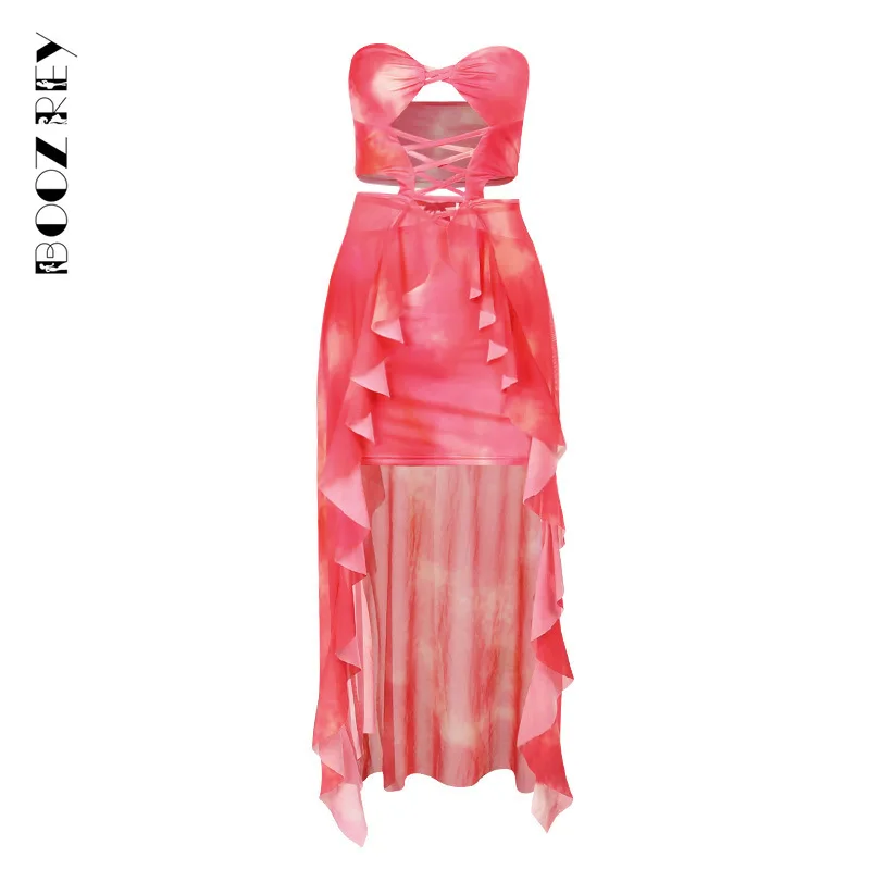 BoozRey 여성용 섹시한 컷 아웃 슬림 프릴 밑단 프린트 드레스, 민소매 스트랩리스, 불규칙한 파티 클럽 망토 세트, 2023 여름