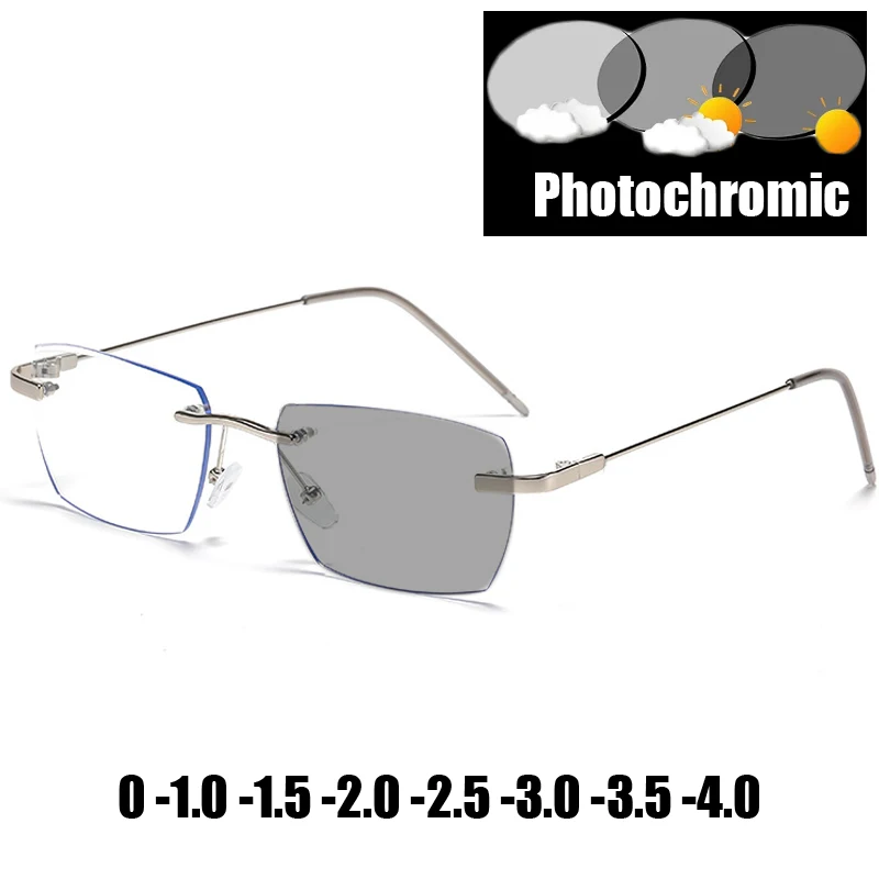 Smart Outdoor Photochromic Myopia Glasses Women Men Rimless Anti Blue Light Near-sighted Finished Diamond-cut Eyeglasses Diopter