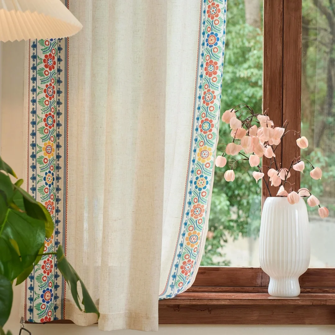 Bohemian Side Floral Trim Transparent Tulle Curtain Light Filtering White Sheer Curtain for Country House Apartment Decor