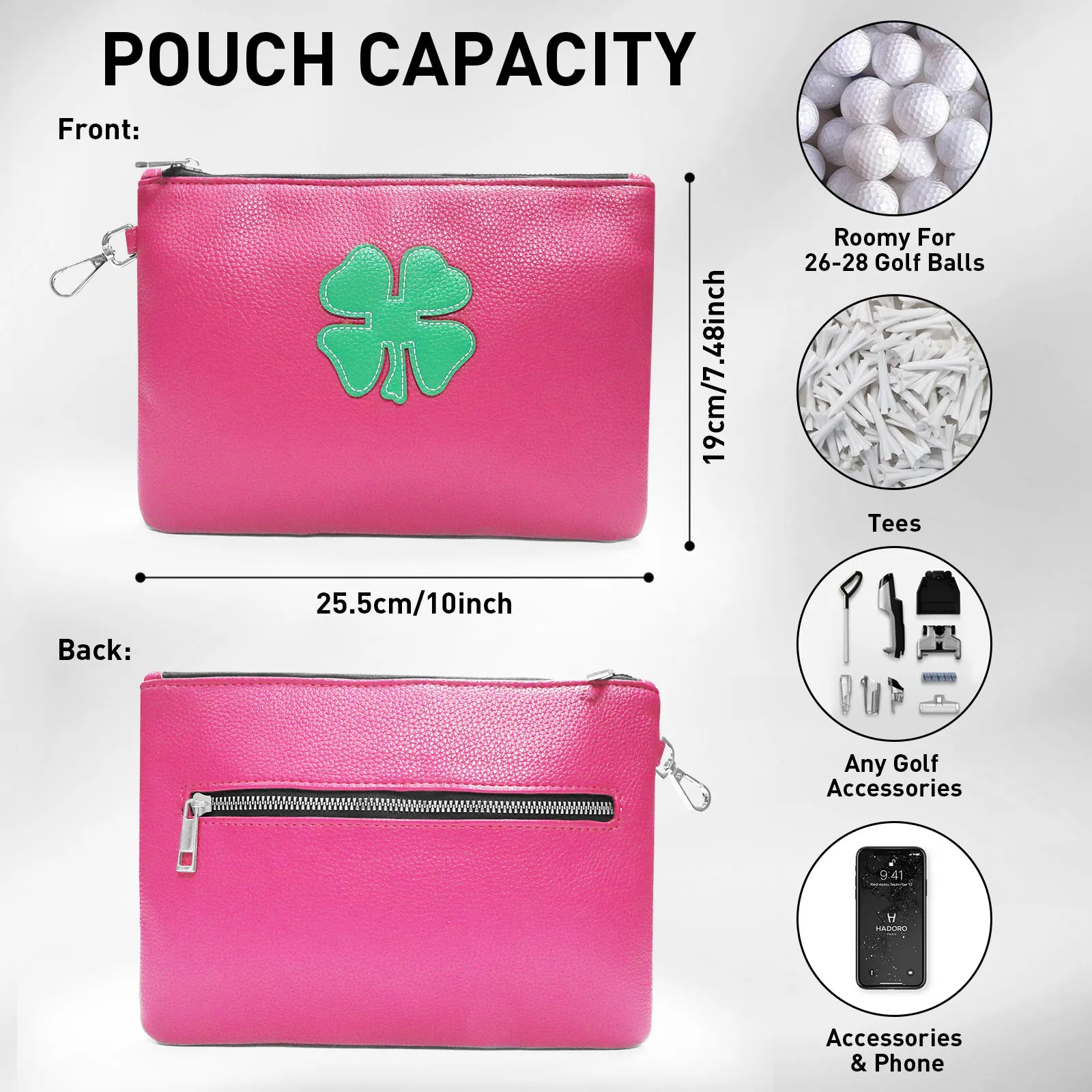 Golf Tee Bag Pouch Women Men Valuables Pack Clover, Zippered Pocket Hook Gear Clip Hook to Bag, Golf Tees Ball Accessory