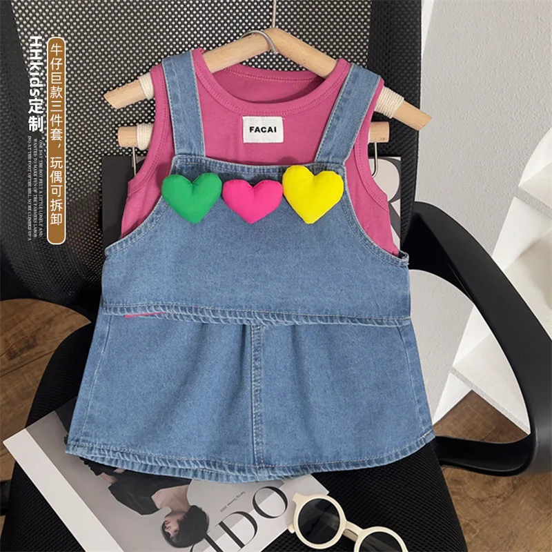 

New Product2024Summer Girls' Denim Brace Sleeveless Vest Denim Skirt3Piece Suit One Piece Dropshipping-WSNY