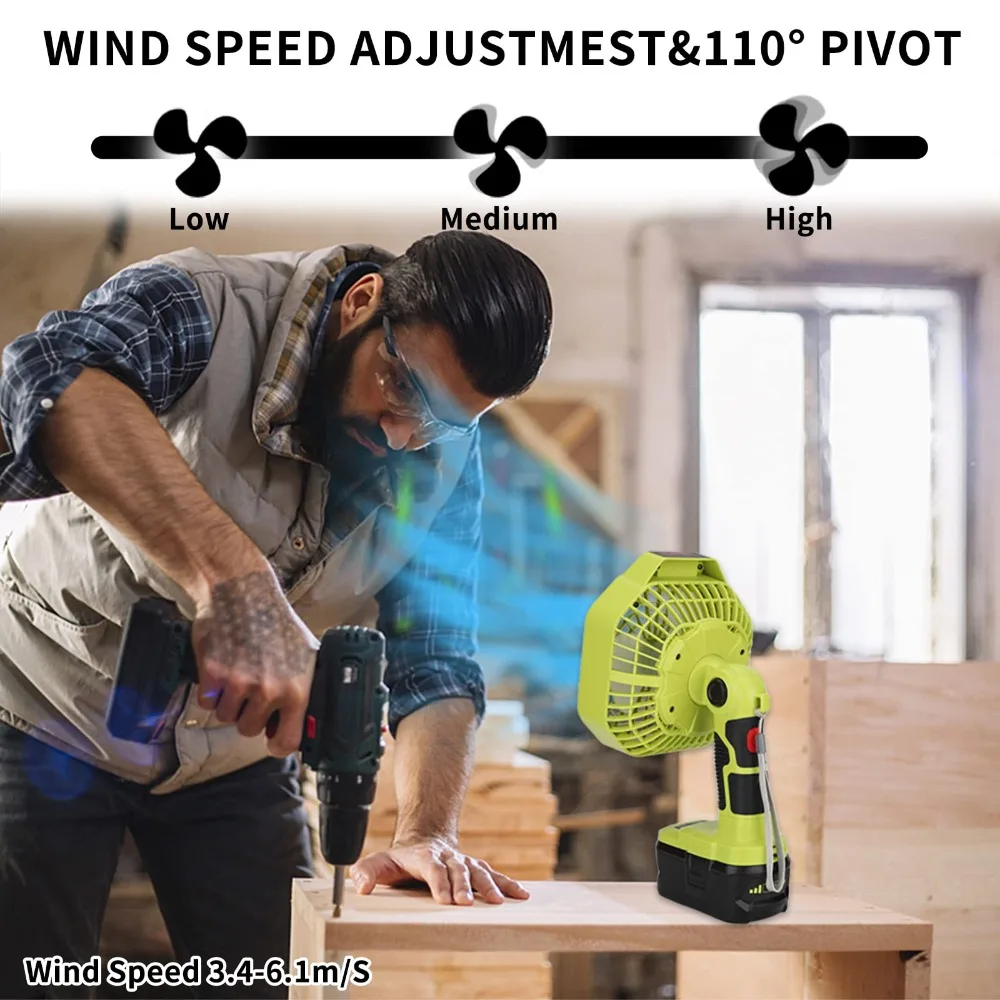 Kipas Baterai Portabel Tanpa Kabel Kipas Berkemah Rumah & Luar Ruangan untuk Baterai RYOBI 18V dengan 3 Kecepatan Hemat Energi & Lampu LED Dapat Diredupkan