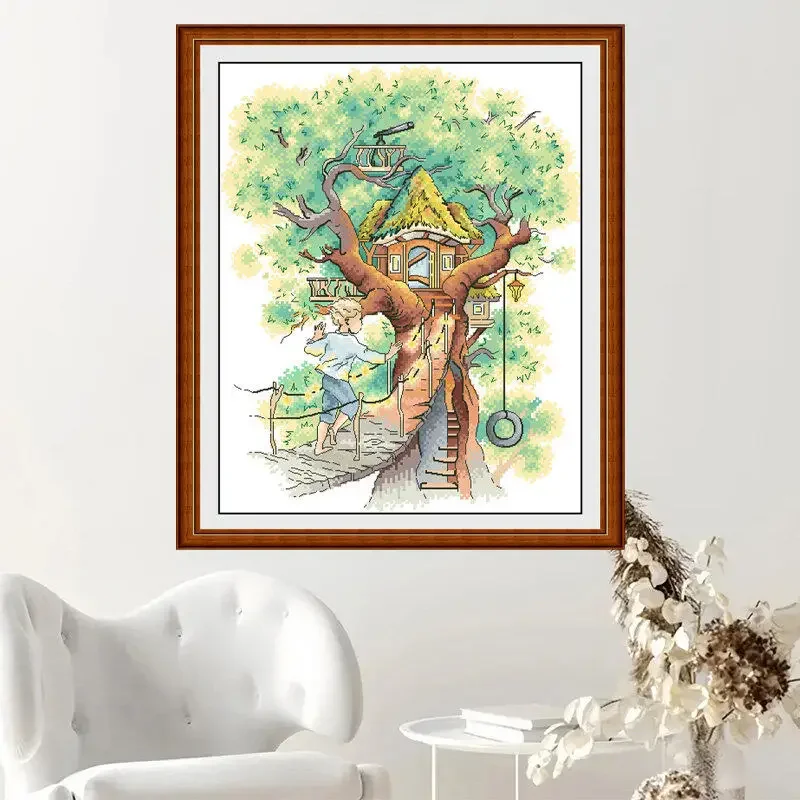 [CC4156-Green Tree House]Stamped Cross Stitch Kit for Adults and Kids, Easy Pre-Printed Canvas with Cotton Threads and Needles,