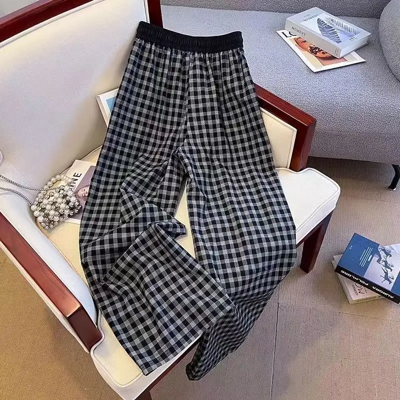 

High Waist Plaid Wide Leg Pants Women's Retro Straight Casual Thin Loose Long Trousers Summer Comfortable Draped Pants